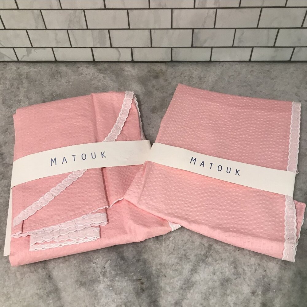 Matouk Twin Blanket Cover + Standard Sham Plisse Style 026 Pink Lace Made USA